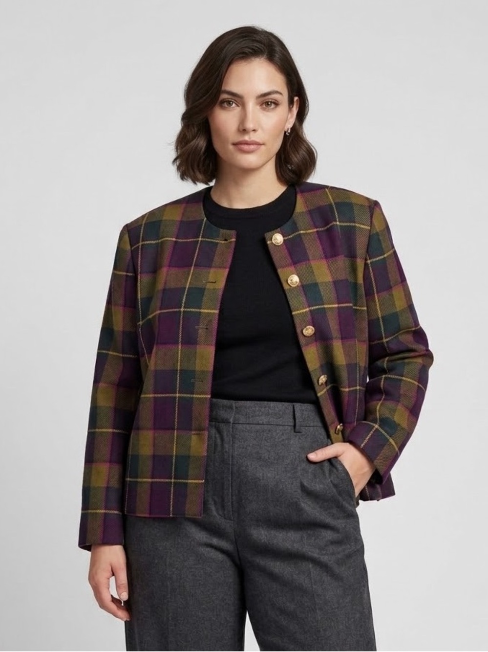 Vintage Plaid Jewel Toned Wool Blazer Boxy Earthy Goblincore Dark Academia Prep
